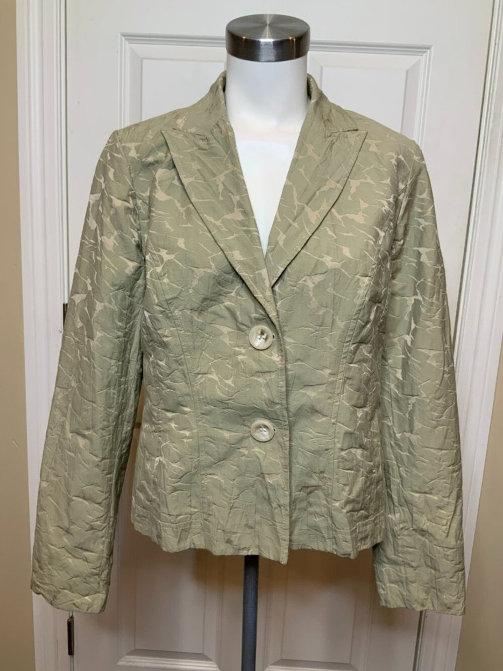 Alberto Makali Green Tan Abstract Jacquard Double Button Blazer, Size 8